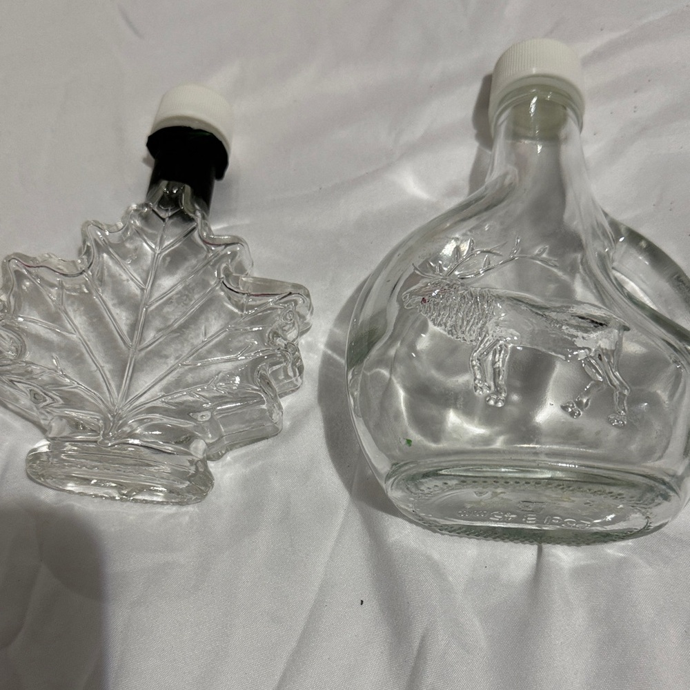 Vintage  Maple Leaf syrup clear glass bottle and Elk Bottles